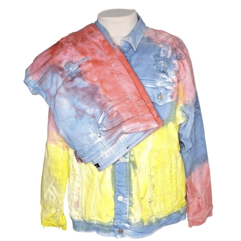 Embellish Denim 2-Piece Suit Bubblegum Tie Dye Jacket 3XL Jeans 40x32 Distress